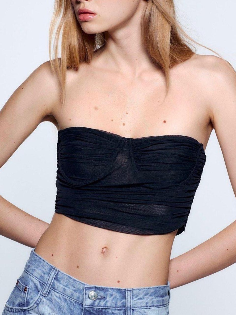 Zara Black Strapless Ruched Mesh Cropped Tube Top